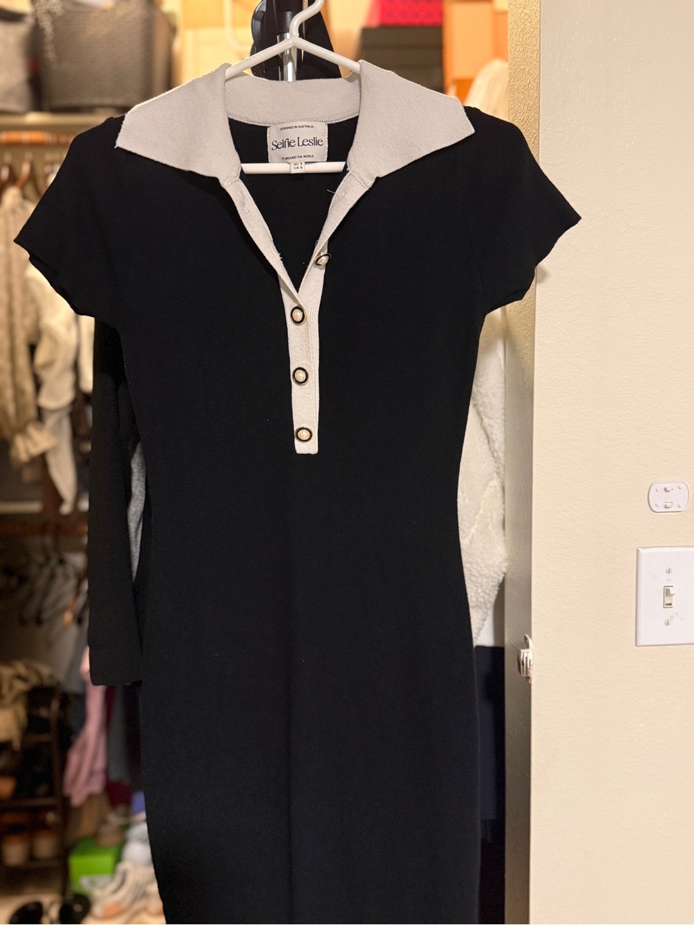 Selfie Leslie Black Knit Polo Dress with Cream Trim